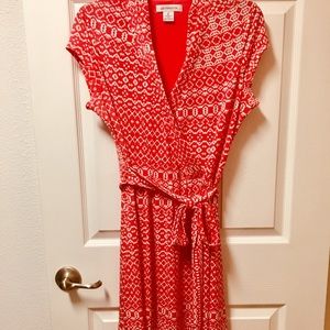 Liz Claiborne mock wrap dress, coral/white, size M
